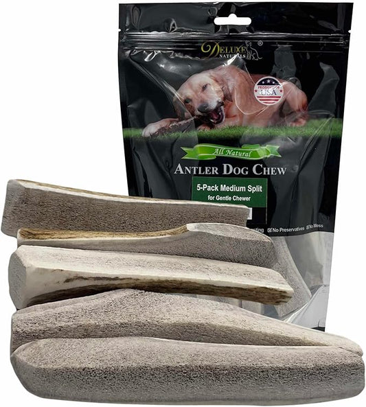 5-Pack Medium Split Elk Antler Dog Chews (5.5 to 7+ in) – All Natural, Premium Grade A, Odor-Free, USA-Sourced – Long-Lasting Dental Treats for Small Dogs Under 35 lbs
