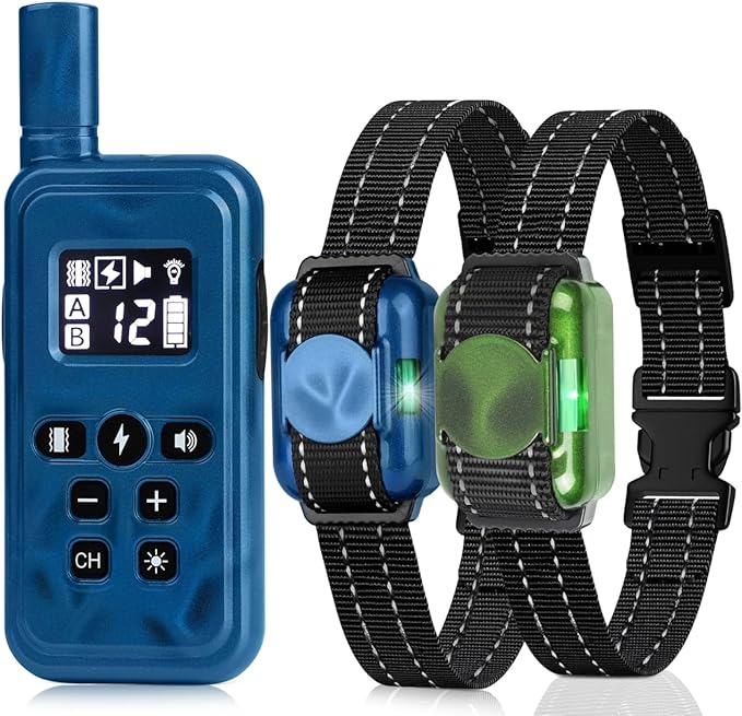 Small Shock Collar for 2 Dogs, Ultra-Light & Thin Shock Collar for Small Dogs 5-15lbs, Beep, Vibration and Shock with Safety Lock, IPX7 Waterproof, Blue and Green