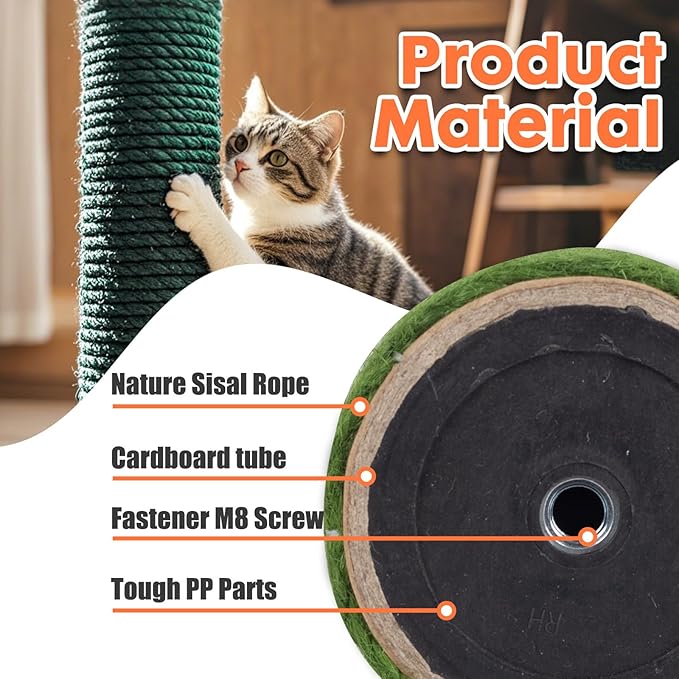 PowerKing Natural Sisal Replacement Scratching Post, 4 Pieces M8 Cat Scratch Post Refill Pole Parts for Refurbishment, White, Include Screws (Green-15.7''+15.7''+7.87''+7.87'')
