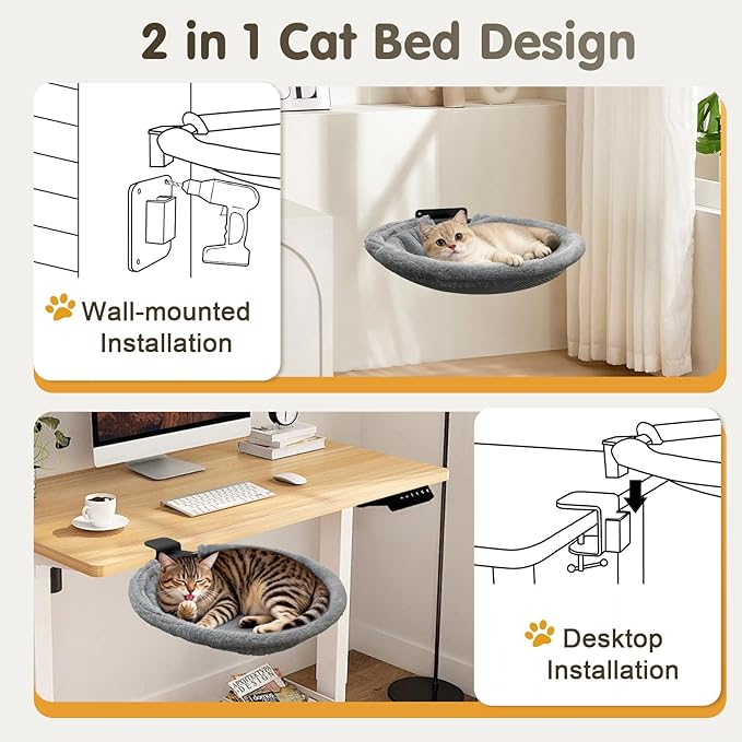 Cat Desk Bed, 2 in 1 Comfy & Space-Saving Cats Bed for Desk, Cat Desk Hammock with Dual-Sided Reversible Mat for Hard Wall and Various Desktops-Maximum Hold Up to 40lb