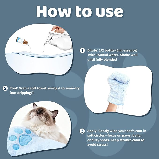 Concentrated Waterless Shampoo Essence with Blue Grooming Glove, No-Rinse & Lick-Safe Essence for Steam Brushes, Gentle Care for Cats/Kittens/Seniors, Manage Shedding & Freshness,0.34oz*1