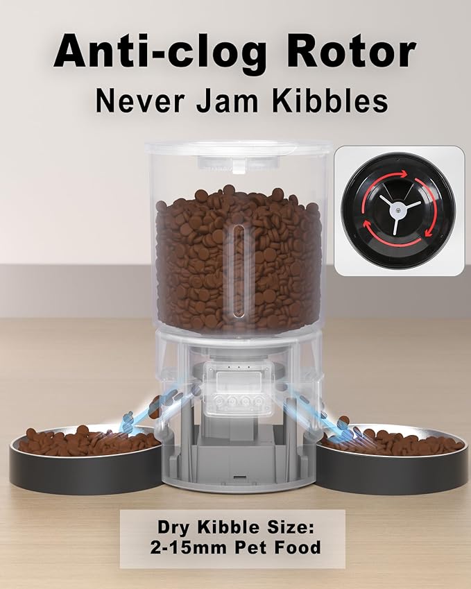 Automatic Cat Feeder for 2 Cats,6 Meals/Day,12 Portions/Meal,Dual Power Double Bowls,Dry Pet Food Autofeeder,10S Voice Record,Flexible Programmable Schedule Timer