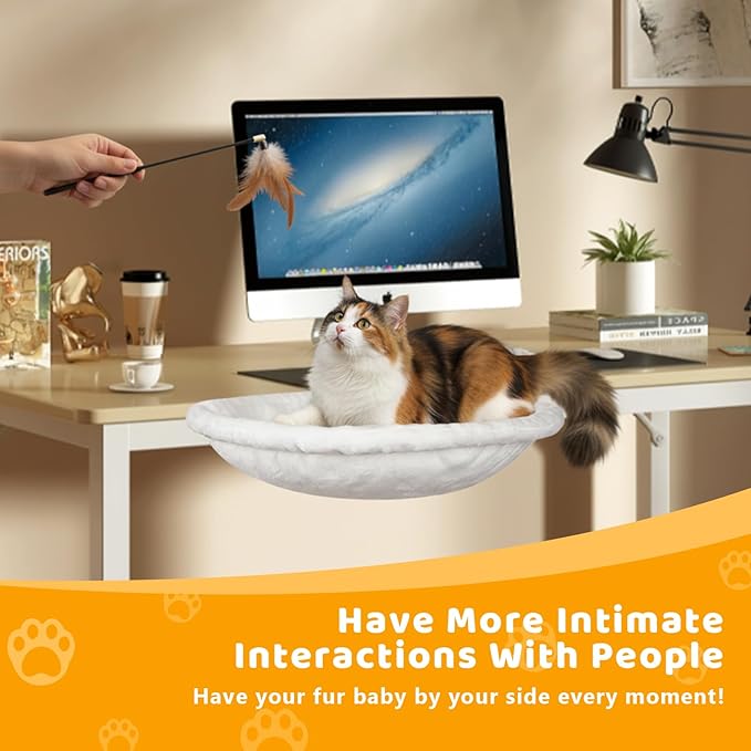 Desk-Mounted Cat Hammock Bed, Clamp-On Pet Perch, Soft Faux Fur, No-Drill Install, Washable Pad, 16.5" Round, Supports 50 lb, Space-Saving Home Office