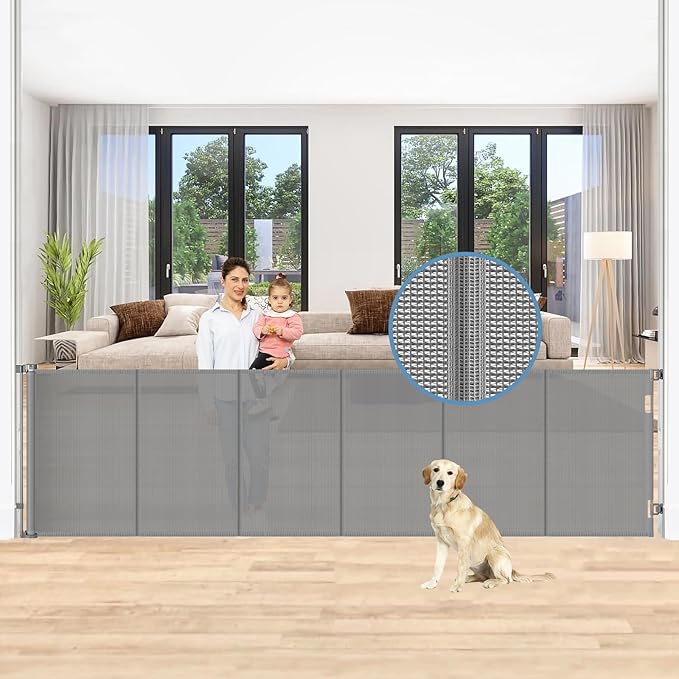 Reinforced 150 Inch Retractable Baby Gates Extra Wide Pet Gate for Large Openings, Extra Wide Retractable Gate for Dog to Prevent Bottom Crawling Through, Long Mesh Child Gate Deck Gate, Gray