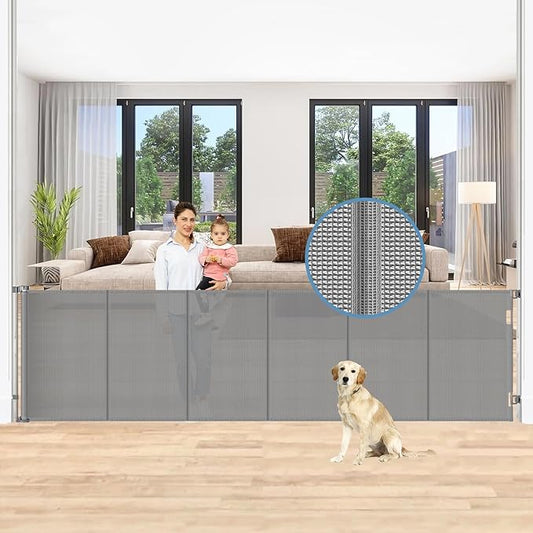 Reinforced 150 Inch Retractable Baby Gates Extra Wide Pet Gate for Large Openings, Extra Wide Retractable Gate for Dog to Prevent Bottom Crawling Through, Long Mesh Child Gate Deck Gate, Gray