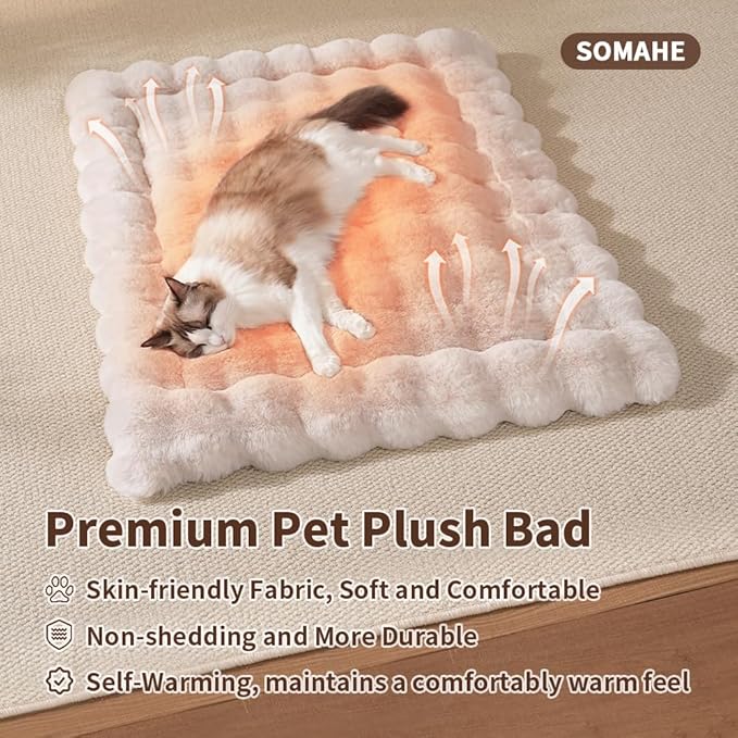 Self-Warming Cat Bed, Plush Faux Fur Pet Bed Mat with Anti-Slip Bottom, Ultra Soft Heated Pad for Cats & Kittens, Cozy Fluffy Bed for Window & Sills Couches, Machine Washable, 23x15 Inch White