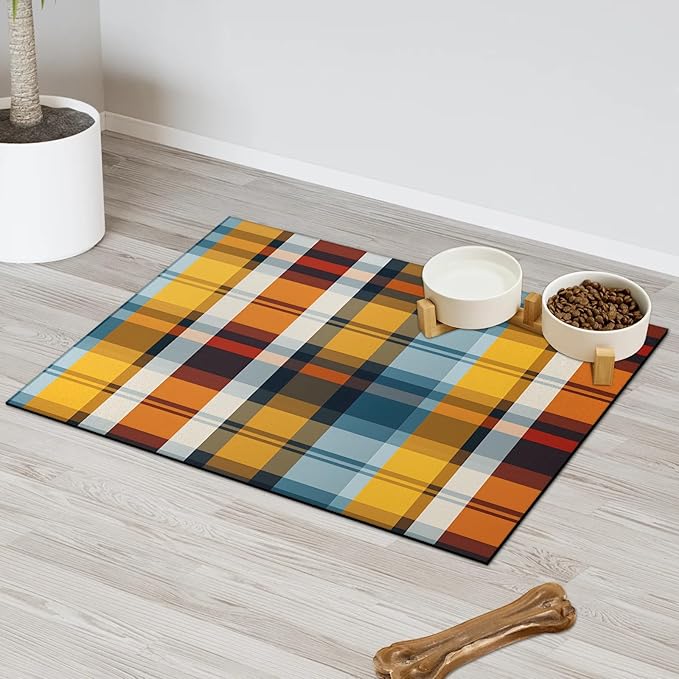 Buffalo Plaid Dog Food Mat for Floors Absorbent, Quick Dry Water Dispenser Mat for Food, Water, Pet Supplies 12" x 20", Colorful Plaid
