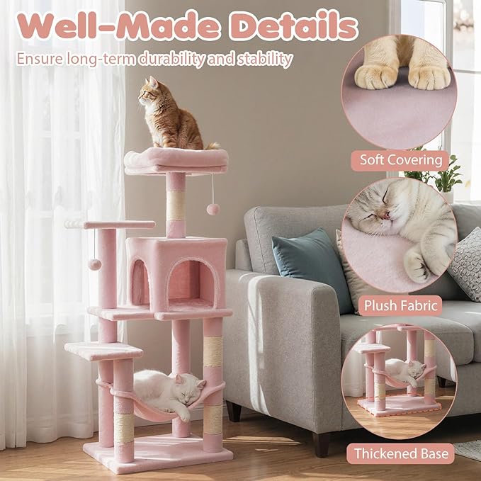 Tangkula Pink Cat Tree, 44 Inch Multi-Level Cat Tower with Sisal Scratching Posts, 2-Door Condo, Padded Top Perch & Hammock, 2 Hanging Balls, Jumping Platforms for Indoor Cats (Pink)