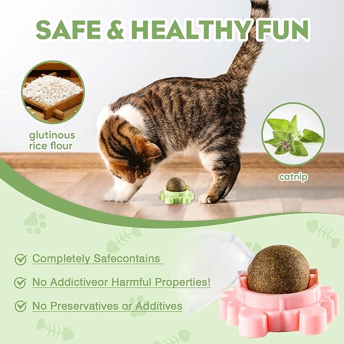 Catnip Balls for Cats - 4 Pack Wall-Mounted 360° Spinner Chew Toys, Freshens Teeth & Reduces Boredom, Natural Catnip Filled