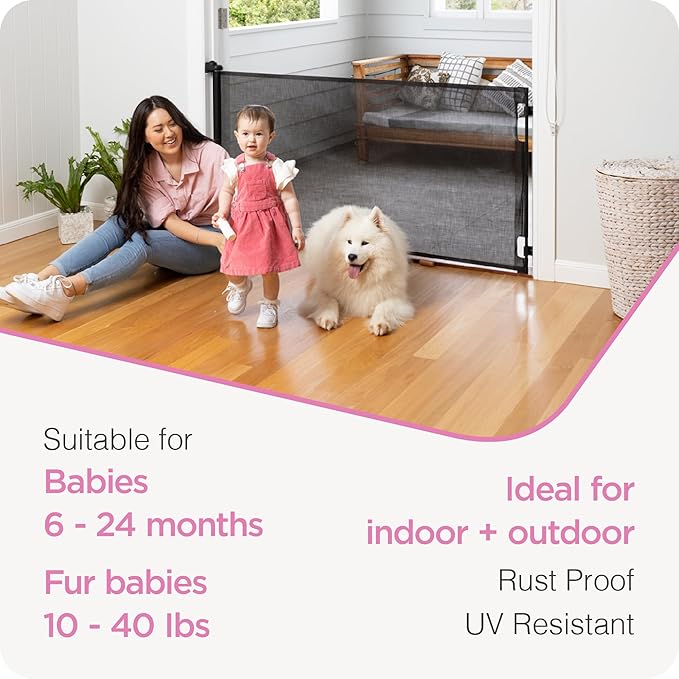 Retractable Baby Gate Perma Child Safety 33" Tall x 71” Wide, Mesh, for Stairs, Doorways, Dogs, Pets, Indoor, Outdoor, One-Handed Operation, Locking, Easy Install, Hardware Mount, Black