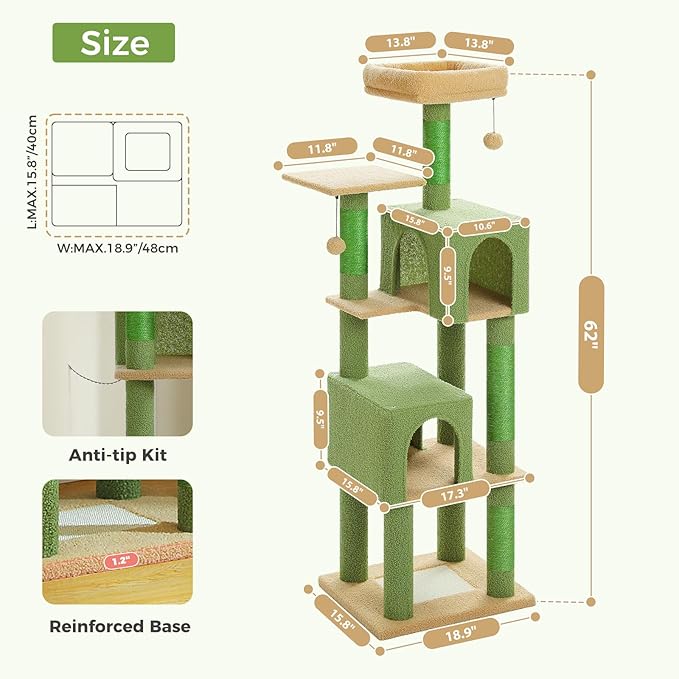 Cactus Cat Tree for Indoor Cats, 62" Multi-Level Cat Tower with 2 Spacious Condos, Scratching Pad, 4 Cat Scratching Posts, 2 Top Perches, 2 Pompoms, Green