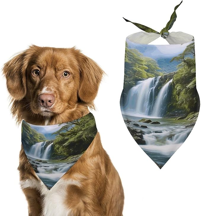Dog Bandana Spring Pet Scarf Adjustable Triangle Waterfall Landscape Painting Printing Dog Bib Washable Polyester Puppy Bandana for Small Medium Large Dogs Cat Birthday Party Supplies