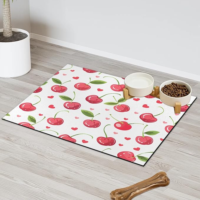 Cherry Fruits Dog Food Mat for Floors Absorbent Dog Bowl Mat for Food and Water Dispenser Quick Dry Cat Food Placemat Pet Supplies 16" x 24", Boho Fruit