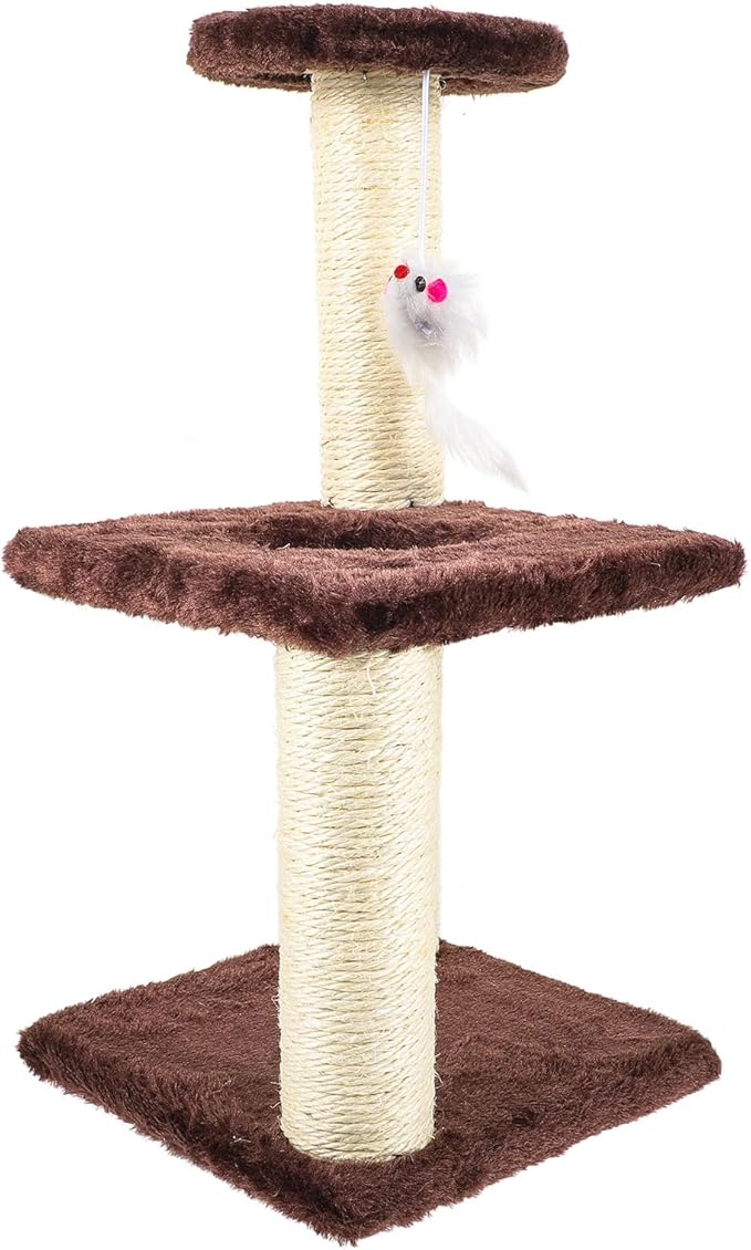 BESTonZON Decorative 3-Layer Sisal Cat Scratching Post with Hanging Mouse Vertical Wear-Resistant Cat Tree for Indoor and Kittens