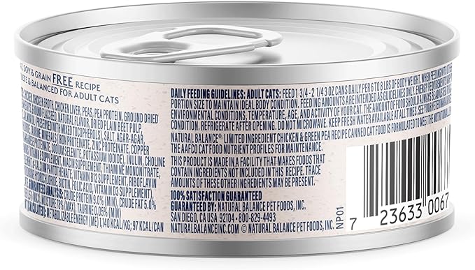Natural Balance Limited Ingredient Chicken & Green Pea Recipe Soft Pate Wet Digestion Cat Food for Sensitive Stomach, 3 oz. (Pack of 24)