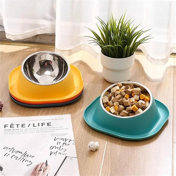 Stable Double Bowls Cat Bowl Stainless Steel Elevated Dog Water Bowl Detachable Prevent Overflow Cat Food Container Pet Supplies(Blue-2)