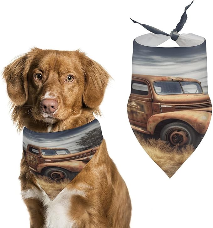 Dog Bandana Spring Pet Scarf Adjustable Triangle Old Truck Car Printing Dog Bib Washable Polyester Puppy Bandana for Small Medium Large Dogs Cat Birthday Party Supplies