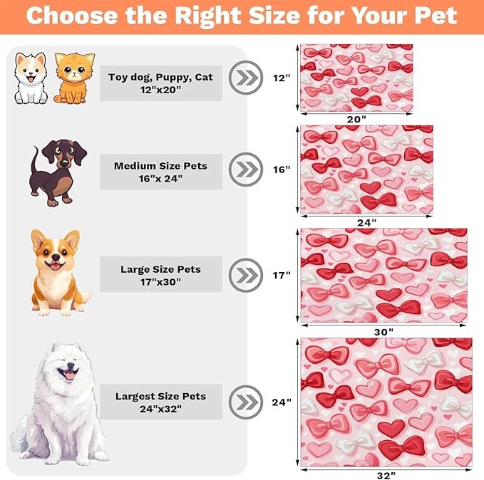 Cute Bow Dog Food Mat for Floors Absorbent, Quick Dry Water Dispenser Mat for Food, Water, Pet Supplies 12" x 20", Love