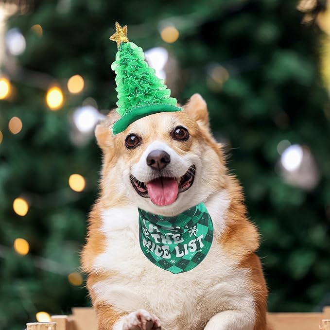 Adjustable Christmas Dog Bandana and Soft Plaid Pet Hat Set, 2pcs Holiday Triangle Scarf for Dogs, Festive Pet Supplies for Christmas Party