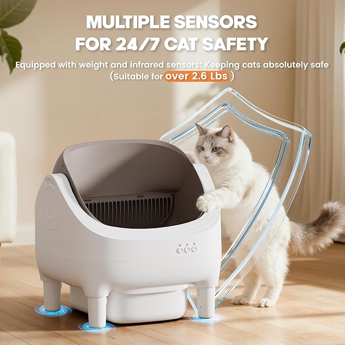 Greesum Self Cleaning Cat Litter Box – Automatic Open-Top Smart Litter Box with App Control, 15L Odor-Sealed Waste Bin, Ultra Quiet 35dB, Multi-Cat & Large Cat Compatible, with Trash Bags & Mat