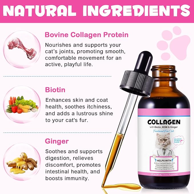 Cat Collagen Liquid Drops, Collagen Dietary Supplement for Cats with Biotin, MSM & Ginger, Enhance Immunity, Support for Cat Joints, Skin - 60ML