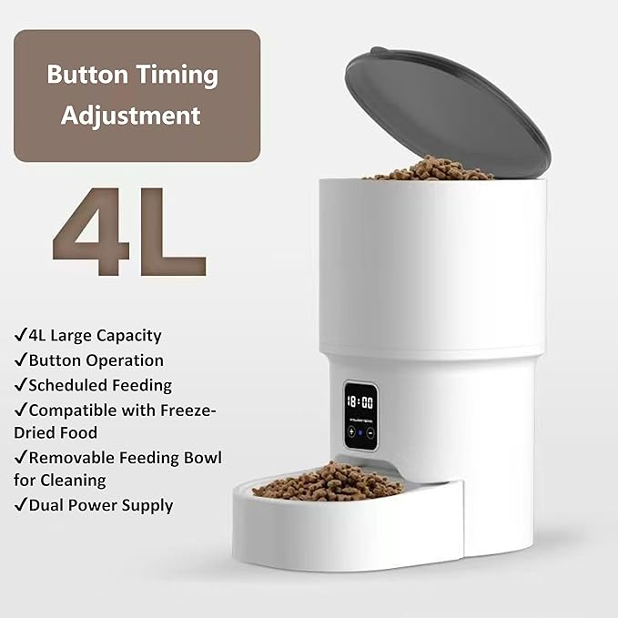 Automatic Pet Feeder for Dogs & Cats - 4L Large Capacity, Timer Controlled Quantitative Feeding, Dual Power Supply (USB + Battery), Detachable Bowl & Cleaning Brush, Non-Slip Mat Included