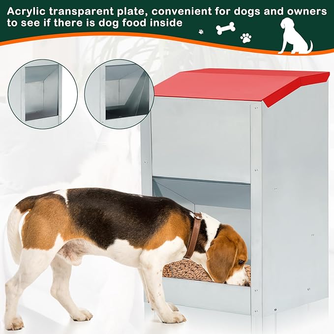 2 Pcs 50 Lbs Large Automatic Dog Feeders with Handle Acrylic Panel Galvanized Gravity Feeder Outdoor Hanging for Doggie Breed Dog Food Dispenser Container(Red)
