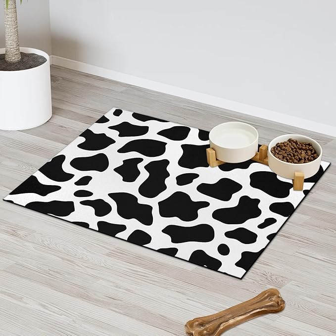 Cow Print Dog Food Mat for Floors Absorbent Dog Bowl Mat for Food and Water Dispenser Quick Dry Cat Food Placemat Pet Supplies 12" x 20", Milk Cow Print