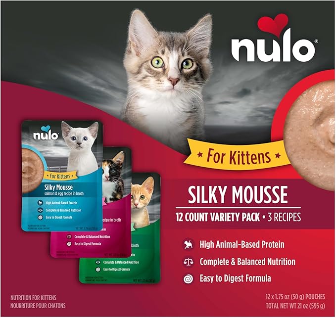 Nulo Silky Mousse Kitten Variety Pack with Salmon, Chicken & Tuna for Kittens, 1.75 oz, Case of 12