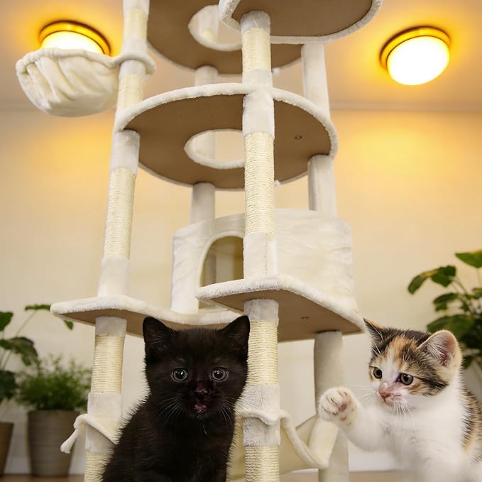 78.8 Inches Cat Tower for Indoor Cats, Cute Cat Tree with Cozy Condo, Platform, Hammock, Sisal Scratch Board and Interactive Toy (Beige)