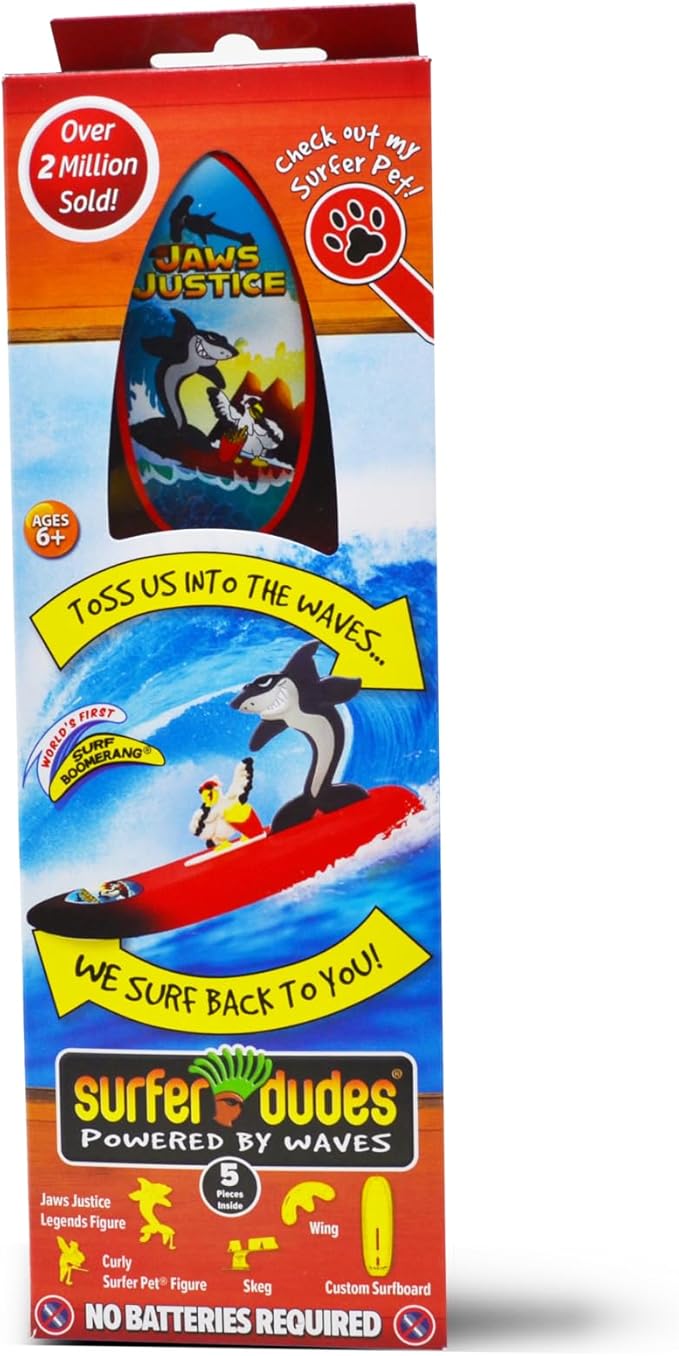 Surfer Dudes Legends & Surfer Pets Wave Powered Mini-Surfer, Pet and Surfboard Beach Toy - Jaws Justice and Curly