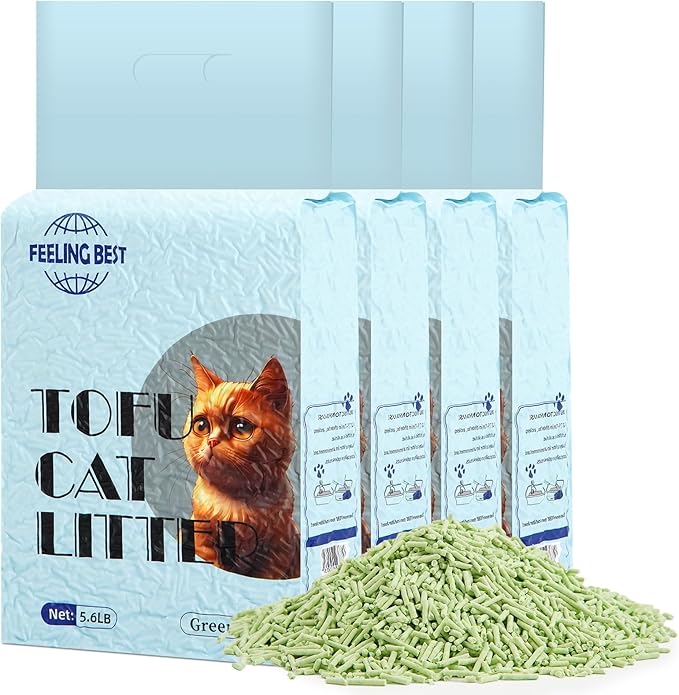 Tofu Cat Litter 22.4LB(5.6lb×4bag) Green Tea Clumping, 100% Natural Raw Materials, Flushable,Ultra Absorbent and Fast Drying,Solubility in Water,Really Dust-Free,Less Scattering