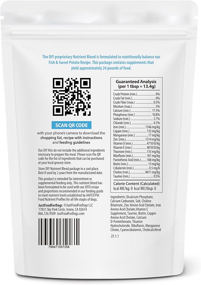 Just Food for Dogs Nutrient Blend, Vitamins and Supplements for Homemade Dog Food, Fish and Sweet Potato, DIY Fresh Pet Meals and Toppers, Human Grade Quality, Dog Multivitamin Additive, 4.55oz