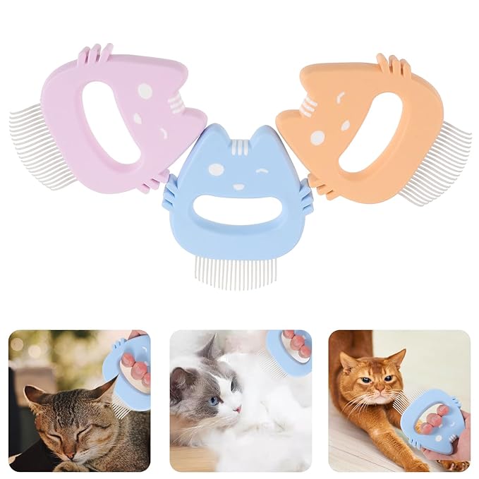 3pcs Pet Hair Brush Set with Silicone Handle Shell Comb for Cat and Dog Grooming Portable Reusable Kitten Brush for Indoor Fur Removal Includes Purple Blue and Yellow