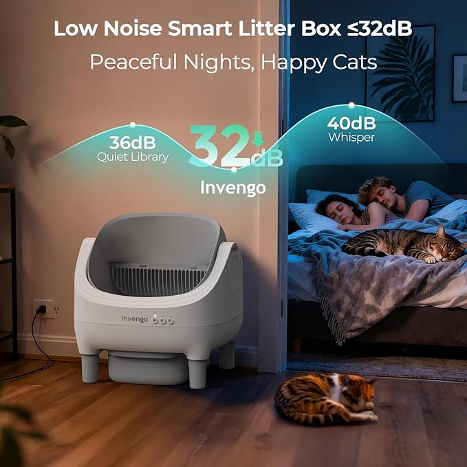 Automatic Cat Litter Box Self Cleaning, App Control, Open-Top Automatic Litter Box with Safety Sensors, Ultra-Quiet, 10.5L Waste Bin with Odor Control, 2 Rolls of Garbage Bags, LightGrey