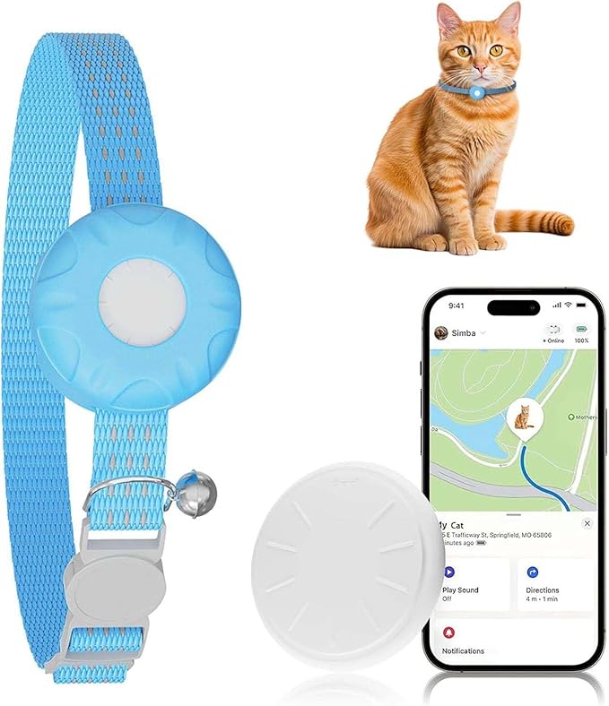 GPS Tracker for Cats, Compatible with Apple Find My App (Only iOS), No Monthly Fee Cat Tracker, Waterproof (White Tracker, Blue Cat Collar)