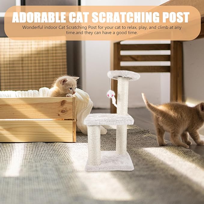 Beige Sisal Cat Scratching Post Tower 3-Layer Multi-Level Cat Tree with Mouse Indoor Kitten Accessory