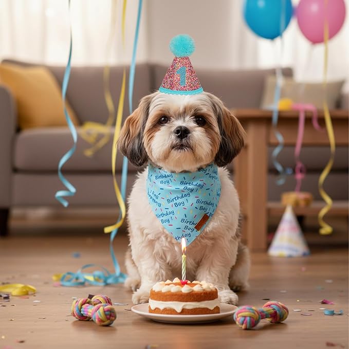 PTDECOR Dog Birthday Party Supplies, Blue Birthday Boy Bandana, Glitter Dog Birthday Hat with Numbers for Small Dogs Pets (Small)