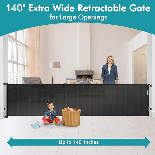140 Inch Wide Retractable Baby Gates Extra Wide Retractable Dog Gate Outdoor Pet Gate Indoor Extra Long Baby Gate, Dog Gates for Doorways Extra Wide Pet Gate Retractable Fence for Wide Openings Black