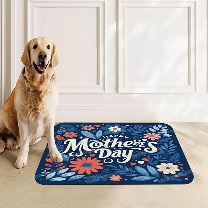 Pet Feeding Mat Absorbent Dog Mat for Food Water Bowl No Stains Quick Dry Water Dispenser Mats Happy Mother's Day Floral Gift Mom Navy Dog Accessories Pet Supplies Bowl for Messy Drinkers 24x16In
