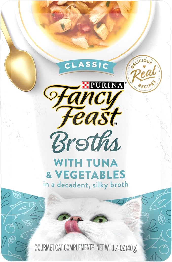 Fancy Feast Broths Classic Tuna & Vegetable Cat Food Complement, 1.4 Oz., Large, Pack Of 16