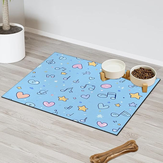 Music Note Dog Food Mat for Floors Absorbent Dog Bowl Mat for Food and Water Dispenser Quick Dry Cat Food Placemat Pet Supplies 16" x 24", Love Heart