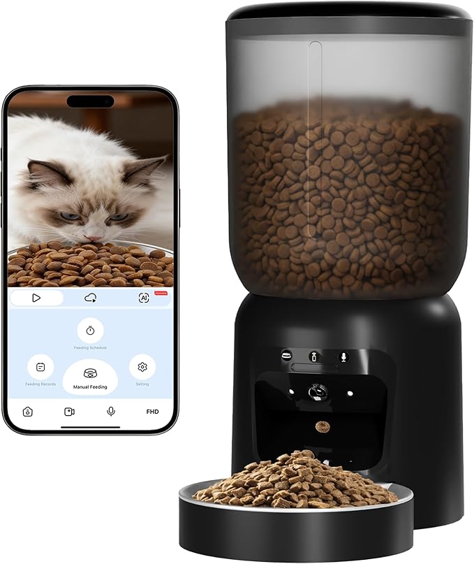 Automatic Cat Feeder with 2K Camera: Cat Food Dispenser with 6L Capacity, Container for Multiple Pet; Automatic Dog Feeder with Night Vision Support 5/2.4GHz & 2-Way Audio, Anti-Jam Design (Black)