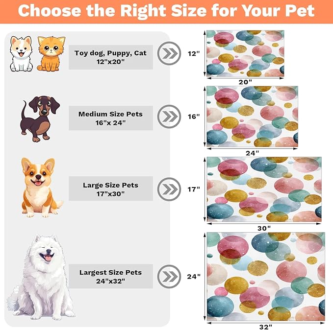 Polka Dot Dog Food Mat for Floors Absorbent Dog Bowl Mat for Food and Water Dispenser Quick Dry Cat Food Placemat Pet Supplies 17" x 30", Watercolor Circle