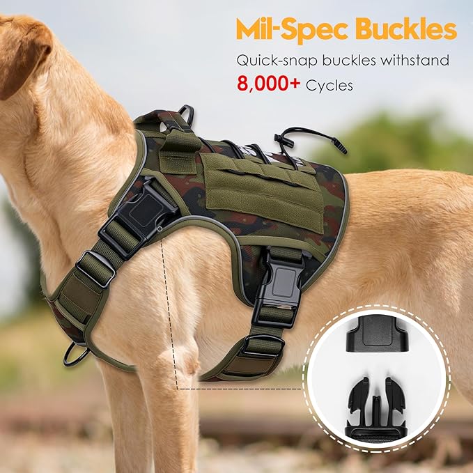 Heavy-Duty Tactical Dog Harness for Large Dogs, No Pull Adjustable Reflective Pet Vest with Molle System, K9 Military-Grade Control for Service Training, Outdoor & 10+ Breeds, Green Camo, XX-Large