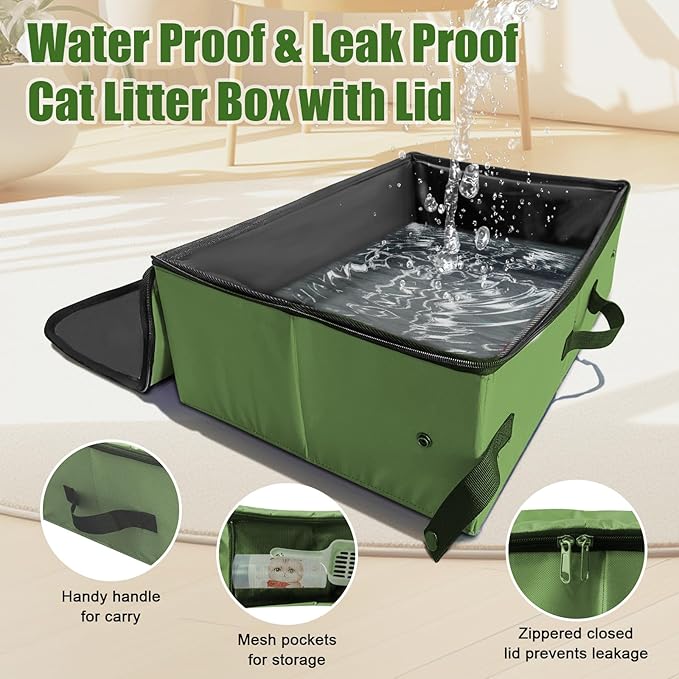 20x14x6.5 Inches, Large Portable Cat Travel Litter Box with Zipped Lid & 10 Liners, Leak-Proof, Lightweight, Sturdy & Waterproof and Foldable Travel Cat Litter Box for Hotels, Car, & Camping