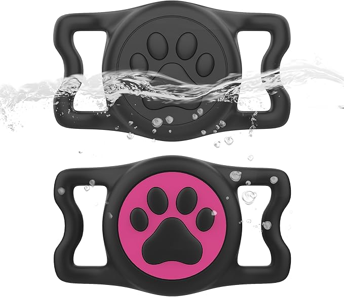 2-Pack Airtag Holder for Dog Collar, Waterproof Silicone Protective Case Cover, Anti-Lost Tracker Universal Fit for All Width Pet Collars(Black&Rose Red)