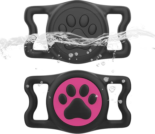 2-Pack Airtag Holder for Dog Collar, Waterproof Silicone Protective Case Cover, Anti-Lost Tracker Universal Fit for All Width Pet Collars(Black&Rose Red)