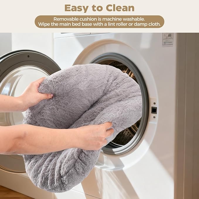 Avont Fluffy Cat Bed for Indoor Cats, Cozy Plush Sleeping Nest for All Sleep Styles, Washable Removable Cushion & Anti-Slip Base, Calming Round Bed for Kittens & Small Dogs – Grey(S)