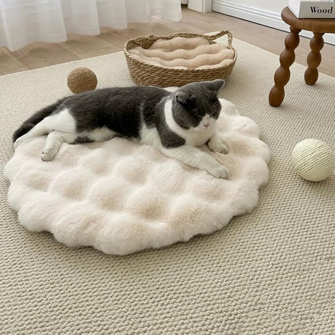 Pet Cushion Pad, Self-Warming Faux Fur Dog and Cat Bed for Indoor Pets, Cozy Plush Round Kennel Pad for Cage with Non-Slip Bottom, Winter Cat Mat Bed for Kneading (Beige,13.8in Round)